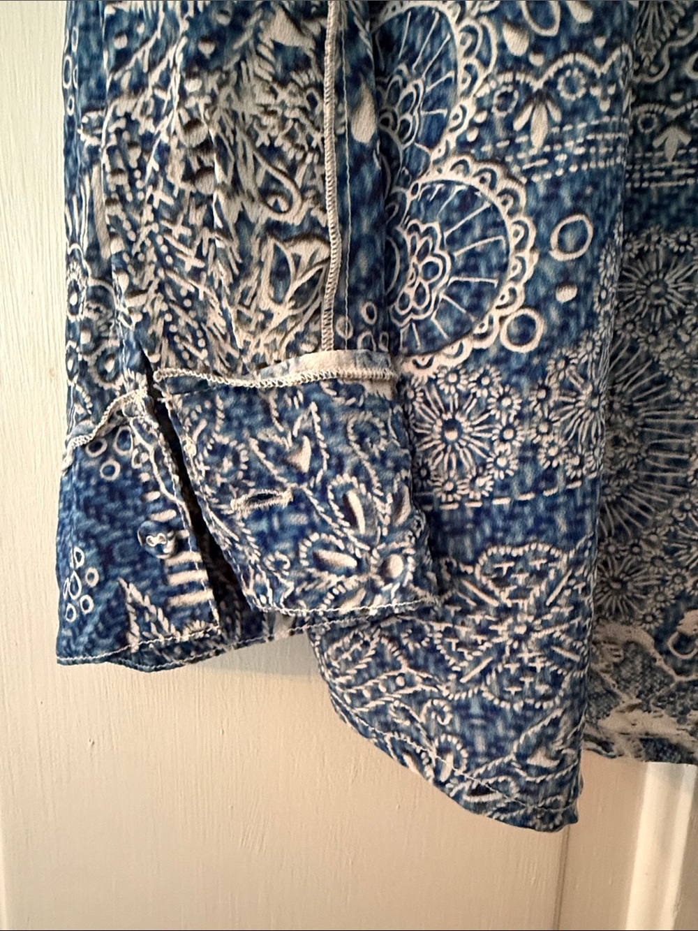 Johnny Was - blue and white embroidered-look button down shirt with collar. - Picture 3 of 10